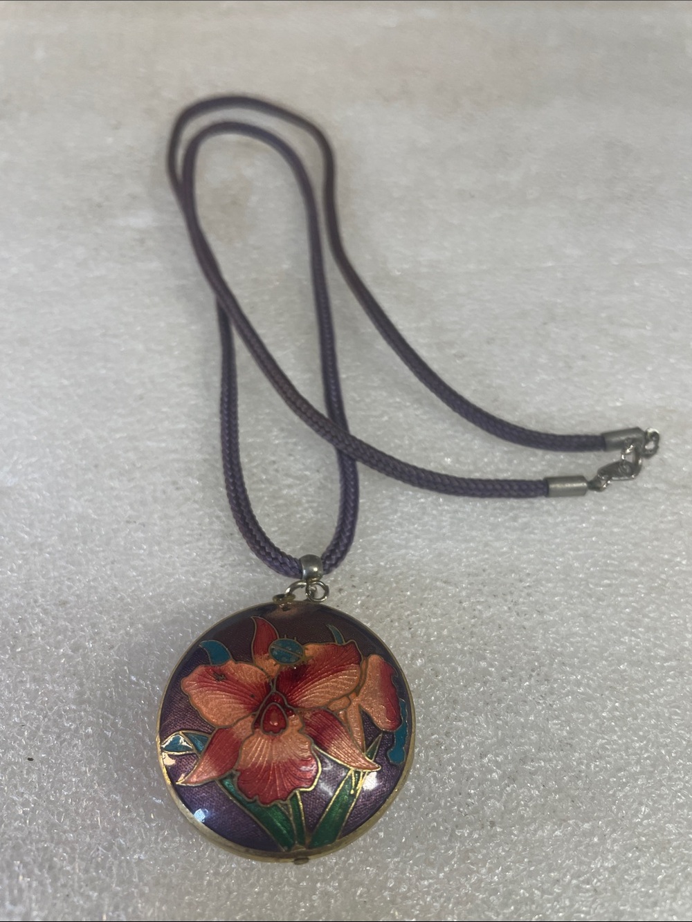 Floral Cloisonné Pendant Necklace in Purple with Orange Blossom